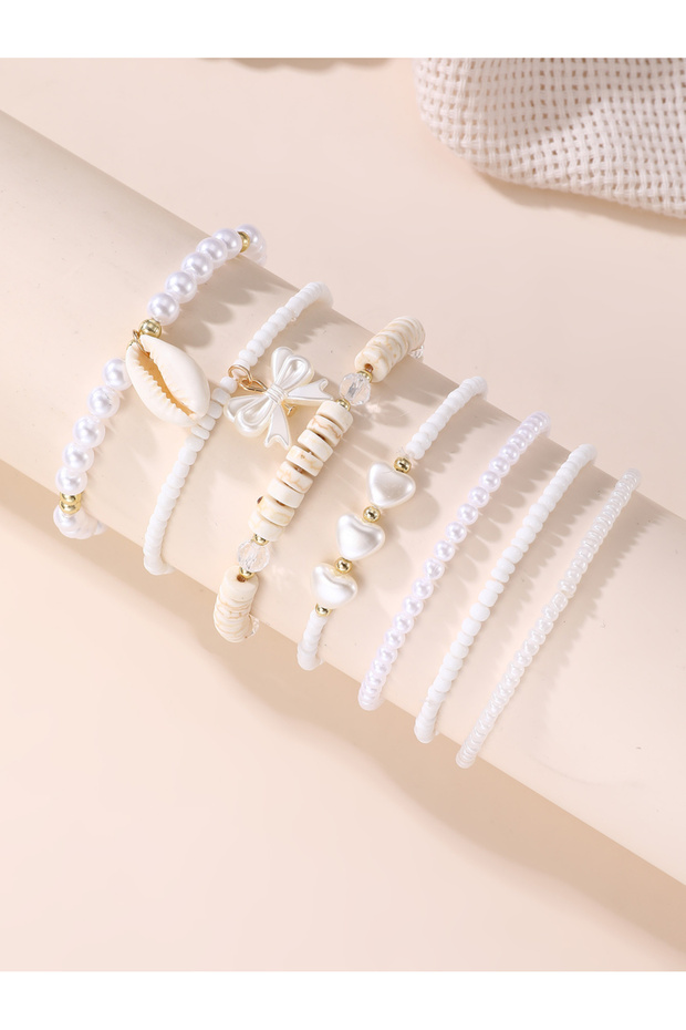 Pack of 7 - Girls White Pearl and Seashell Beaded Bracelets