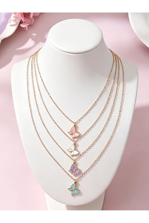 Pack of 4 - Girls Multi-Color Butterfly Pendant Necklaces