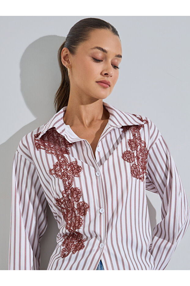 Multi-Color Striped Floral Lace Details Shirt
