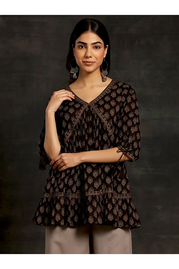 Black Printed Cotton A-Line Kurti