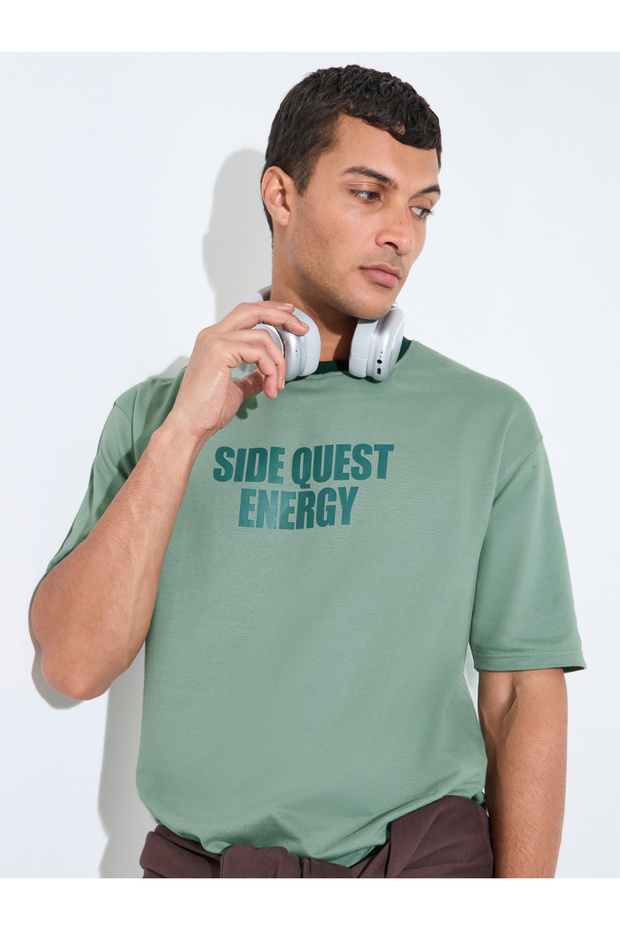 Men Green Oversized Front Print Ringer Terry T-Shirt
