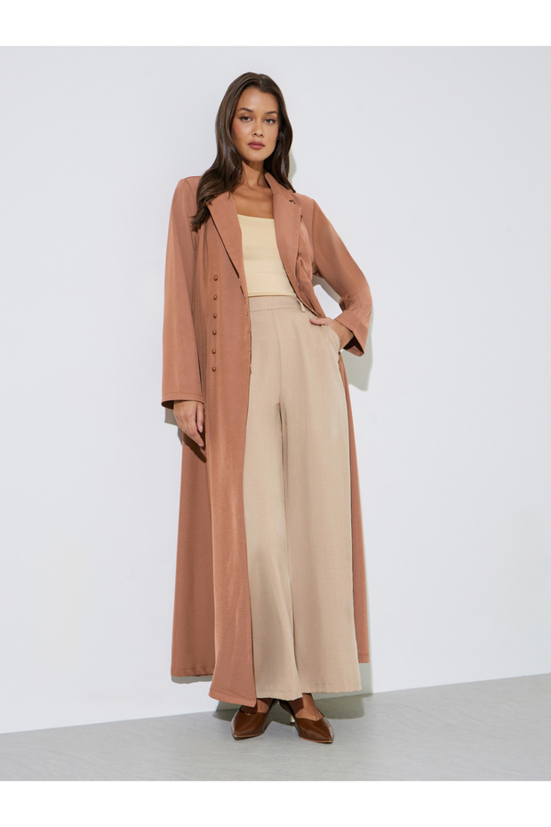 Brown Solid Double Breasted Abaya with Button Fastening