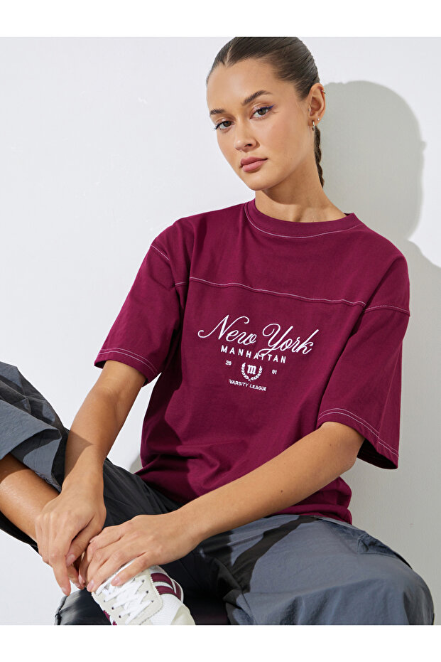 Burgundy Embroidered Slogan Oversized T-Shirt