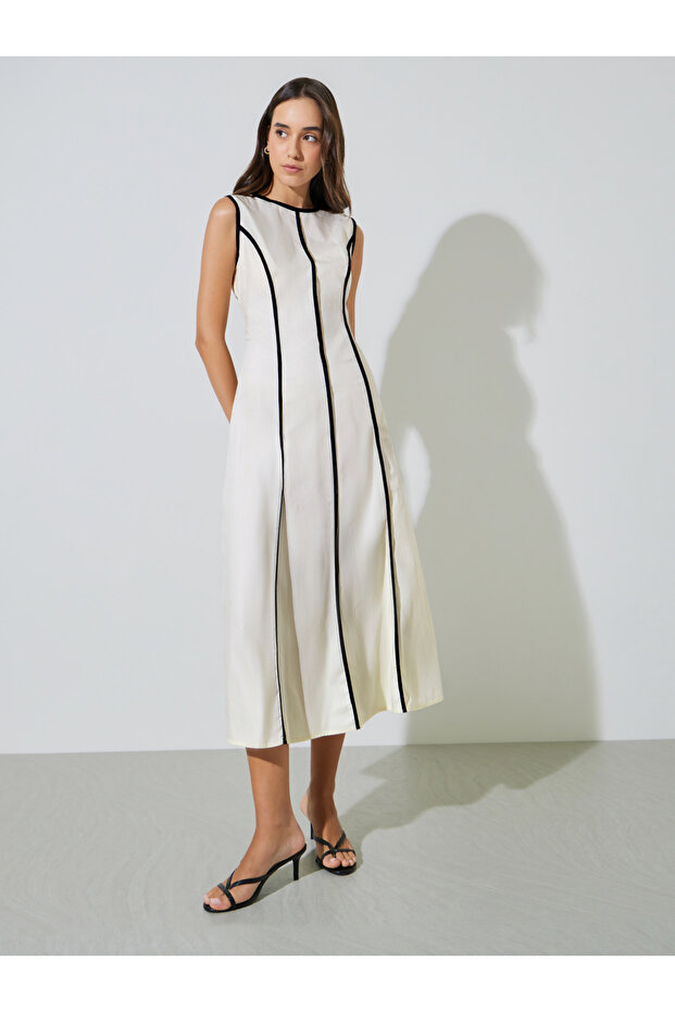 Beige Sleeveless A-Line Midi Dress