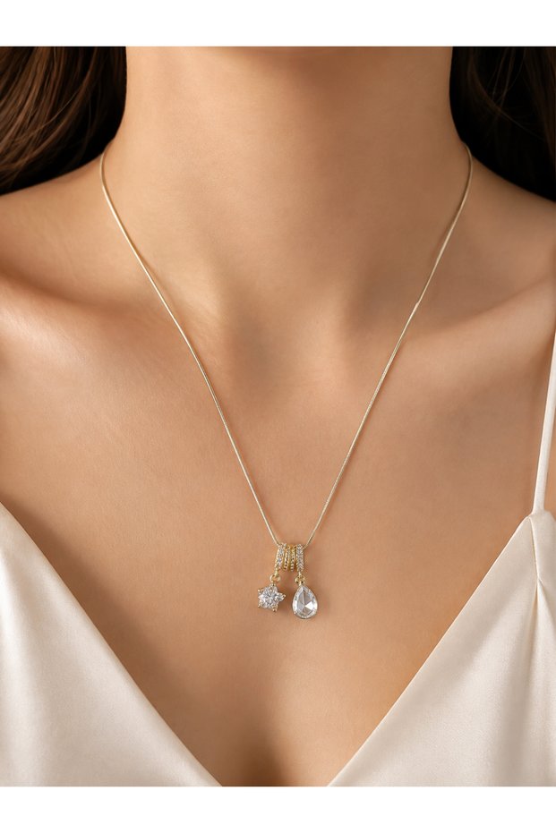 Steel Zircon Stone Star and Drop Charm Gold Necklace 45 cm – Elegant Women's Necklace