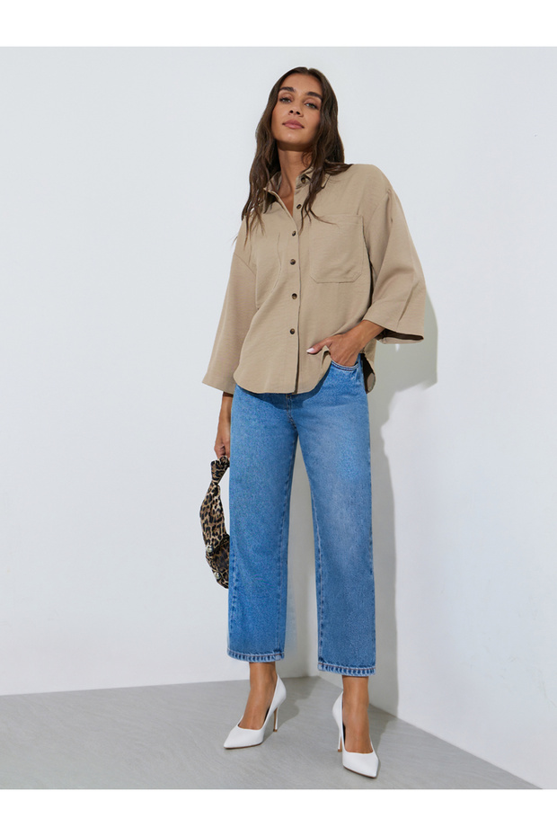 Beige Pocket Detail 3/4 Sleeves Relaxed Fit Shirt