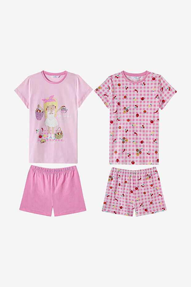 Girls' Pink Mix Sleeveless Cotton Pyjama Set with Shorts