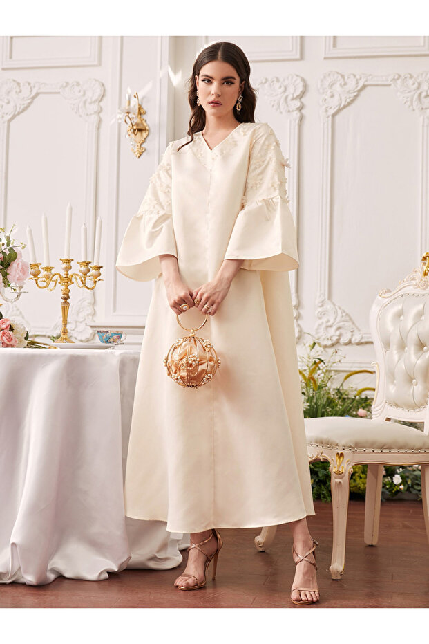 Beige Embellished Maxi A-Line Dress with 3/4 Bell Sleeves