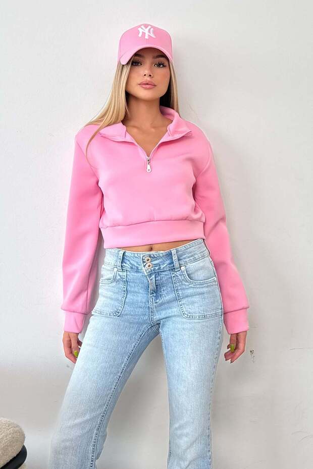 Women's Stand Collar Half Zipper Long Sleeve Sweatshirt Pink - 2534