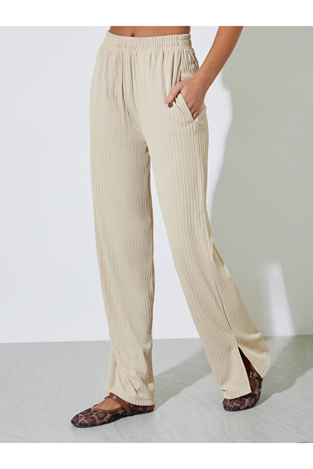 Cream Textured Knit Straight Leg Side Slit Pants