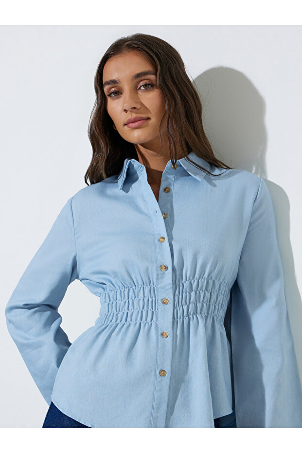 Light Blue Long Sleeves Shirred Waist Denim Shirt