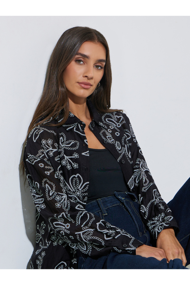 Navy Blue Eyelet Embroidered Longline Oversized Shirt