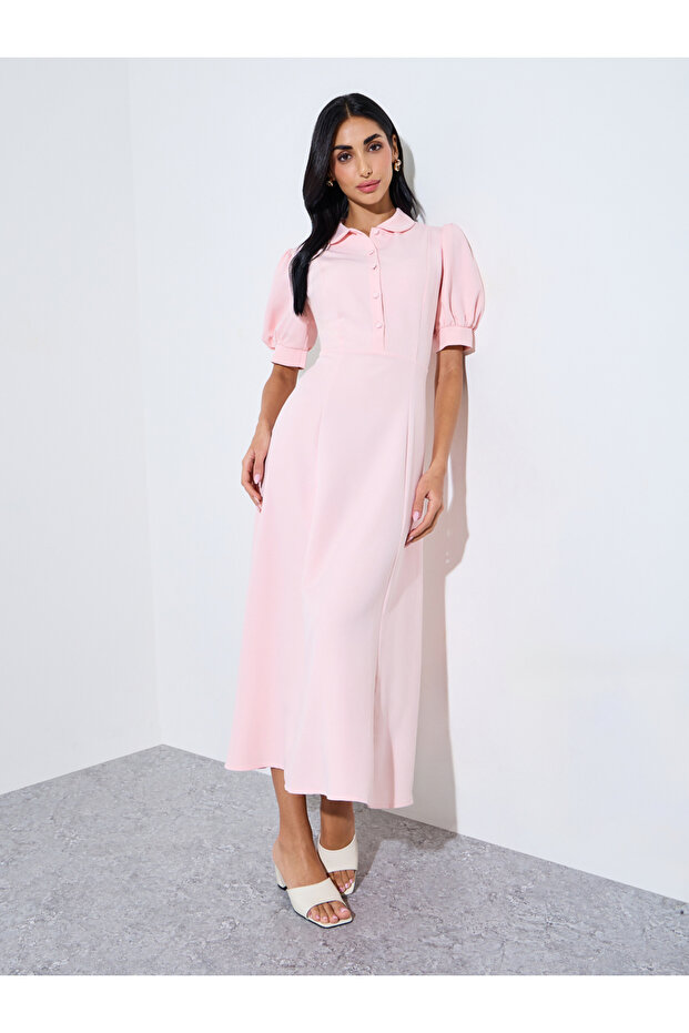 Pink Solid Short Puff Sleeves Shirt Maxi Dress