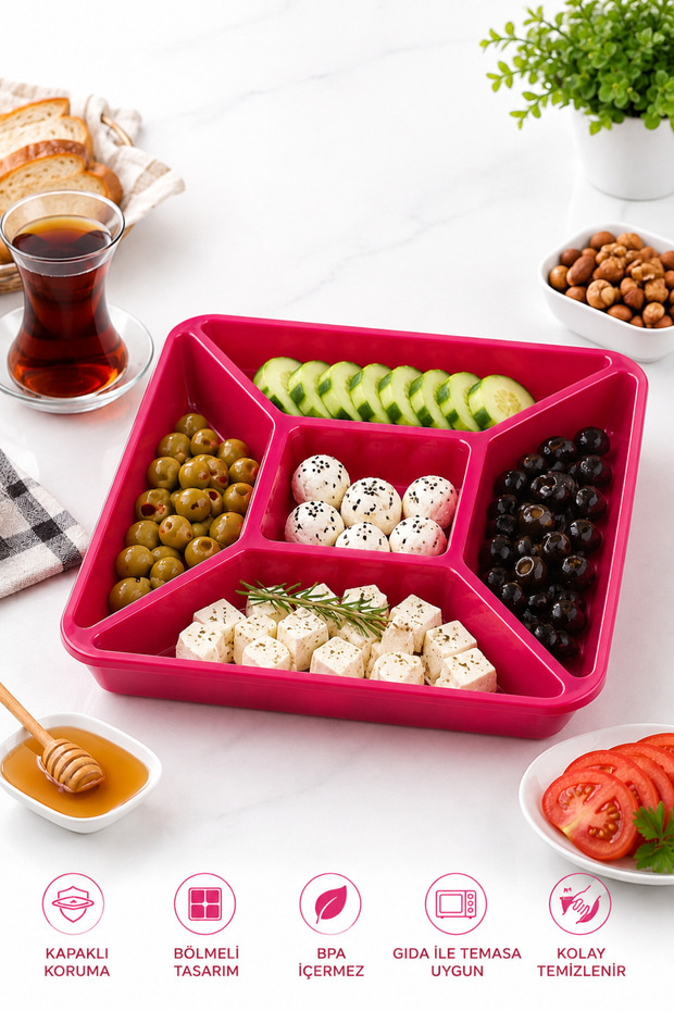 5-Compartment Breakfast Serving Container with Lid – 24 cm