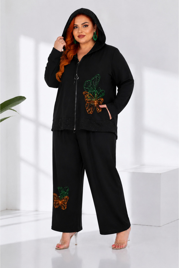 Plus Size Butterfly Embroidered Stone Detailed Hooded Zipper Pocket Relaxed Fit Women's Top and Bottom Two-Piece Set