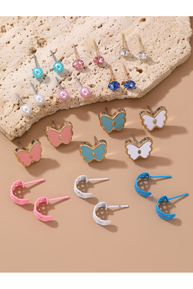 Girls Set of 12 - Butterfly Pearl Stud Earrings