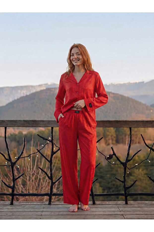 Buttoned Woven Satin Fabric Pajama Set