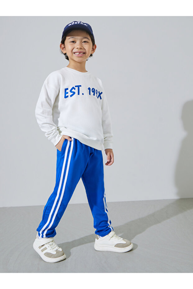 Boys White Graphic Print Sweatshirt and Blue Side Striped Joggers