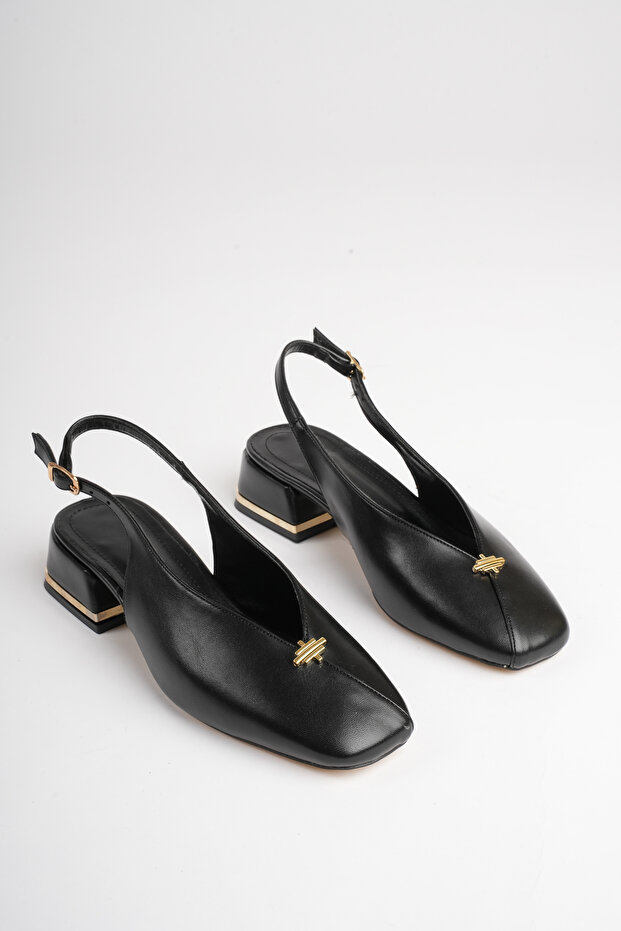 Women's Black 4 cm Thick Short Heeled Open-Back Shoes with Gold Detail