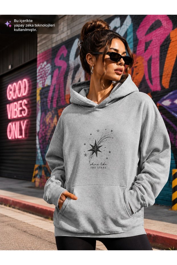 Women's Polar Star Graphic Printed Hooded Kangaroo Pocket Cotton Casual Sweatshirt