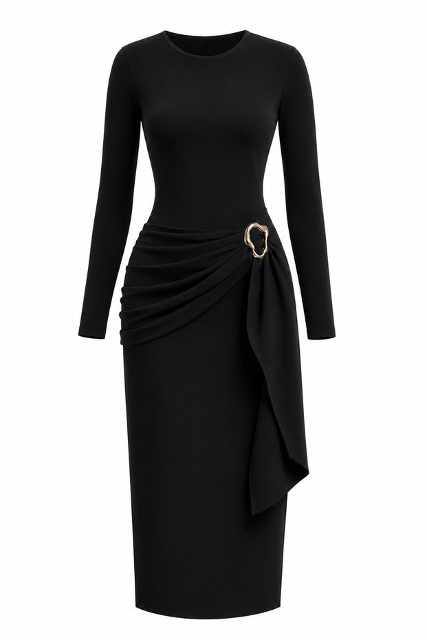 Women's Belted Long Sleeve Midi Dress with Buckle Detail 9595