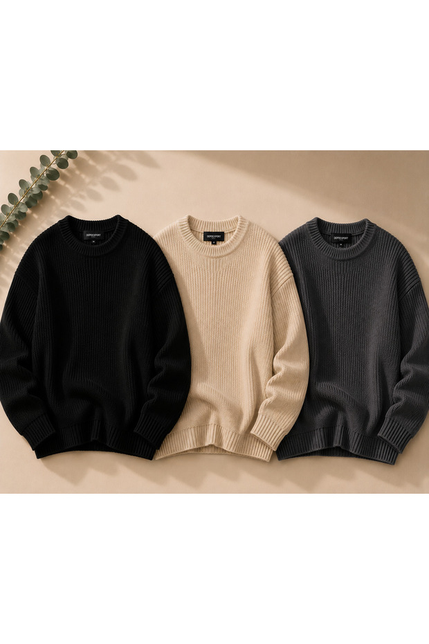 Women's 3-Piece Crew Neck Oversize Knitwear Sweater Soft Knitted Sweater