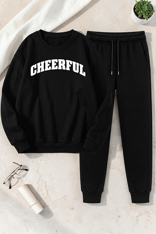 Unisex Cherful Design Printed Crew Neck Sweatshirt - 2-Piece Tracksuit Set