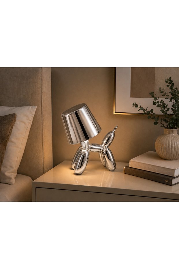 Silver Balloon Dog Led Table Lamp – Decorative Night Light – Modern Tabletop and Nightstand Lighting