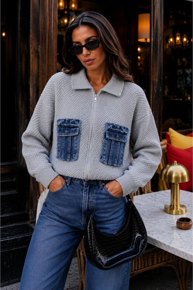 Women's Denim Pocket Detailed Zippered Knitwear Jacket – Casual and Stylish