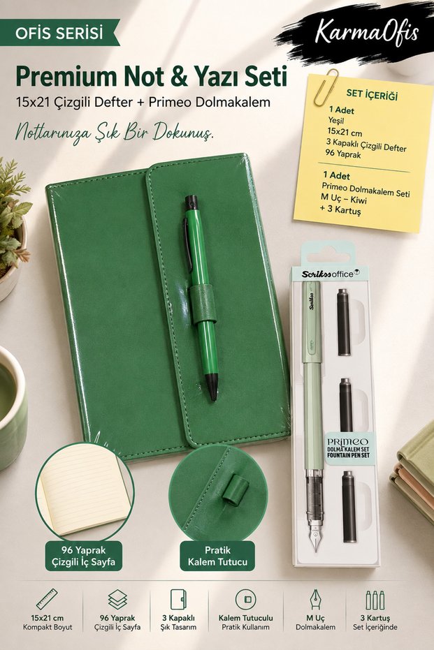 Green Color 15X21 Pen, 3 Covers, 96 Sheets Lined Notebook and Primeo m Tip Refill Pen Set – 7 Color Options