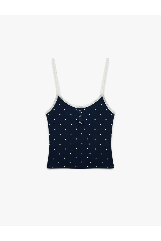 Lace Detailed U-Neck Strappy Buttoned Polka Dot Athlete Pajamas