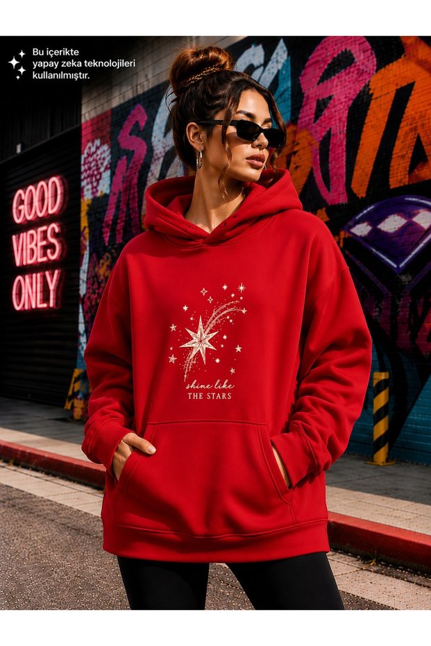 Women's Polar Star Graphic Printed Hooded Kangaroo Pocket Cotton Casual Sweatshirt