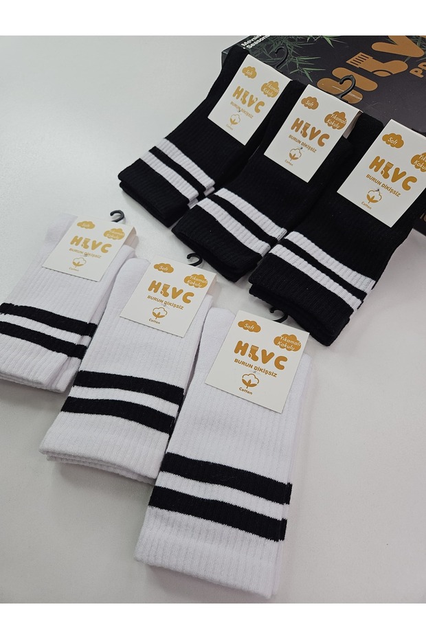 Pack of 6 Black and White Cotton Striped Unisex Long College Socks – Washable, Scented, Seamless Toe