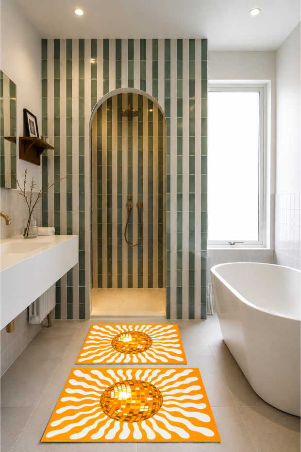 Orange Disco Ball Patterned 2-Piece Bathroom Mat Set 40X60 + 60X100 Non-Slip Dot Base Washable