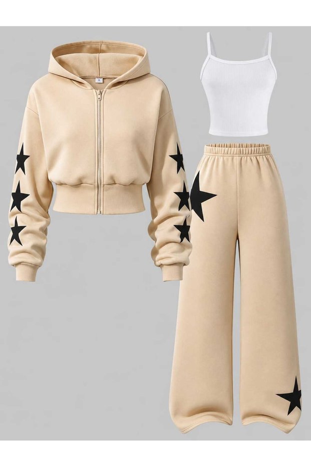 Three Star Printed Hooded Three-Piece Set