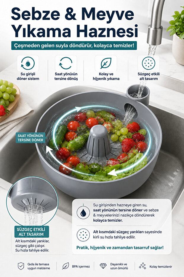 Practical Fruit-Vegetable and Legume Washing Container with Swirl Strainer - Kitchen Strainer with Smart Drain System