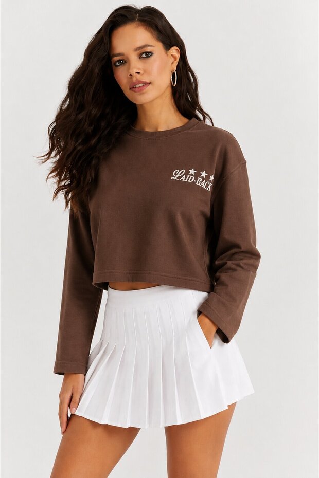 Star Printed Crop Sweatshirt - Brown