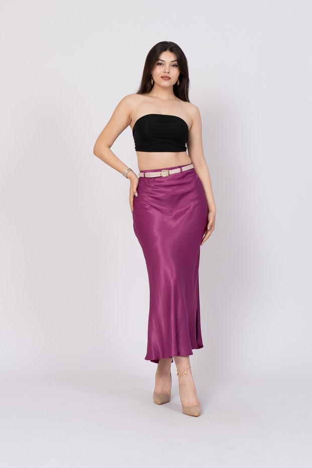Women's Summer Purple Belted and Elastic Waist Satin Skirt 6791