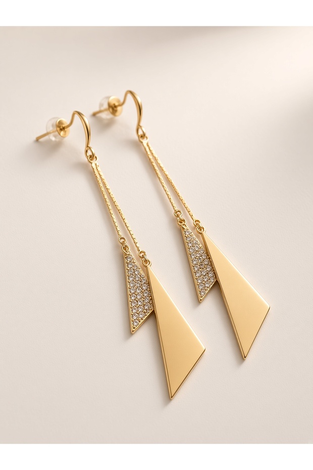 Geometric Long Pendant Earrings Gold Zircon Effect Invitation Earrings Evening Elegance Design Jewelry