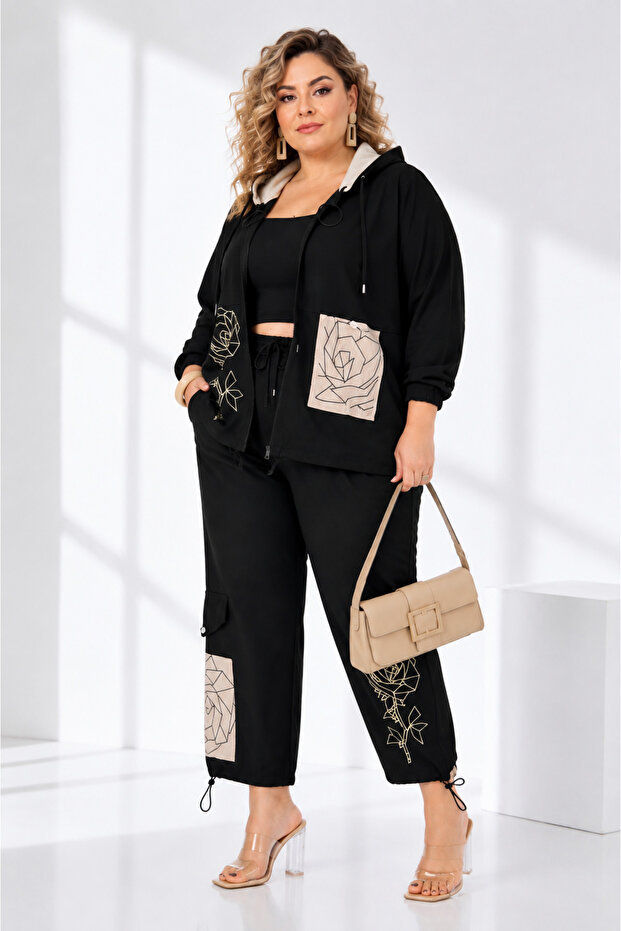 Plus Size Hooded Zippered Rose Patterned Pocketed Lace-Up Women's Top and Bottom Two-Piece Set