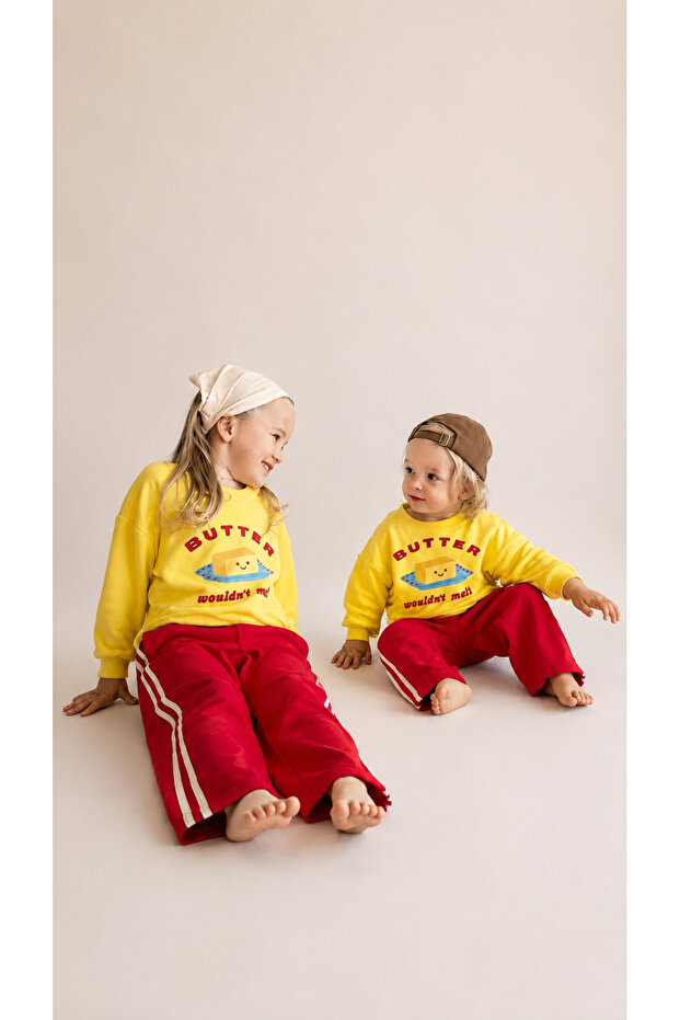 Unisex Butter Front and Back Printed Top Striped Bottom 3 Thread Fabric Bottom Top Tracksuit Set