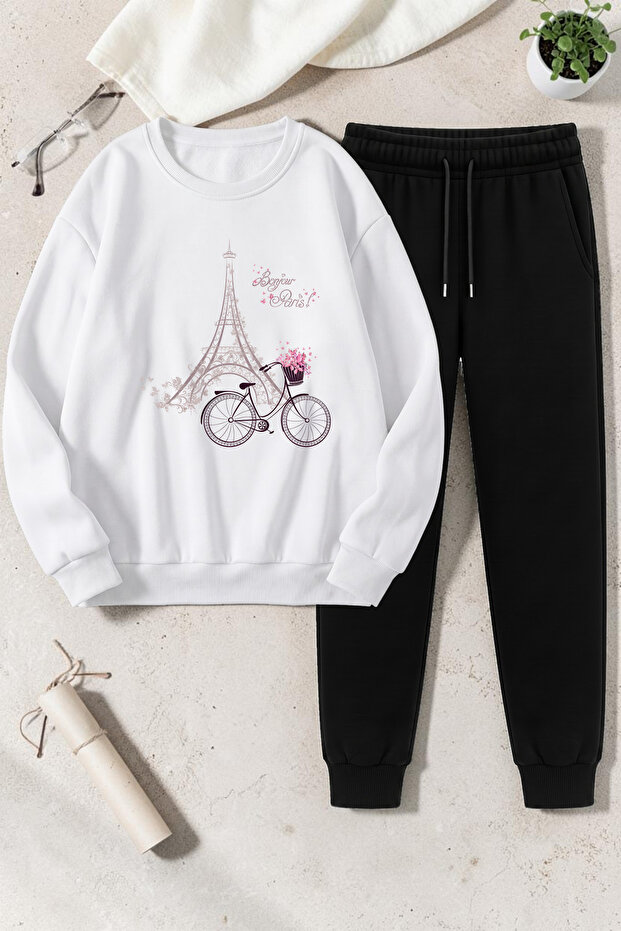 Unisex Bonjour Paris Design Printed Crew Neck Sweatshirt - 2-Piece Tracksuit Set