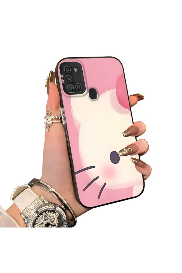 Samsung Galaxy A21S Compatible Hard Acrylic Back Silicone Edge Lens Protection Kitty Case