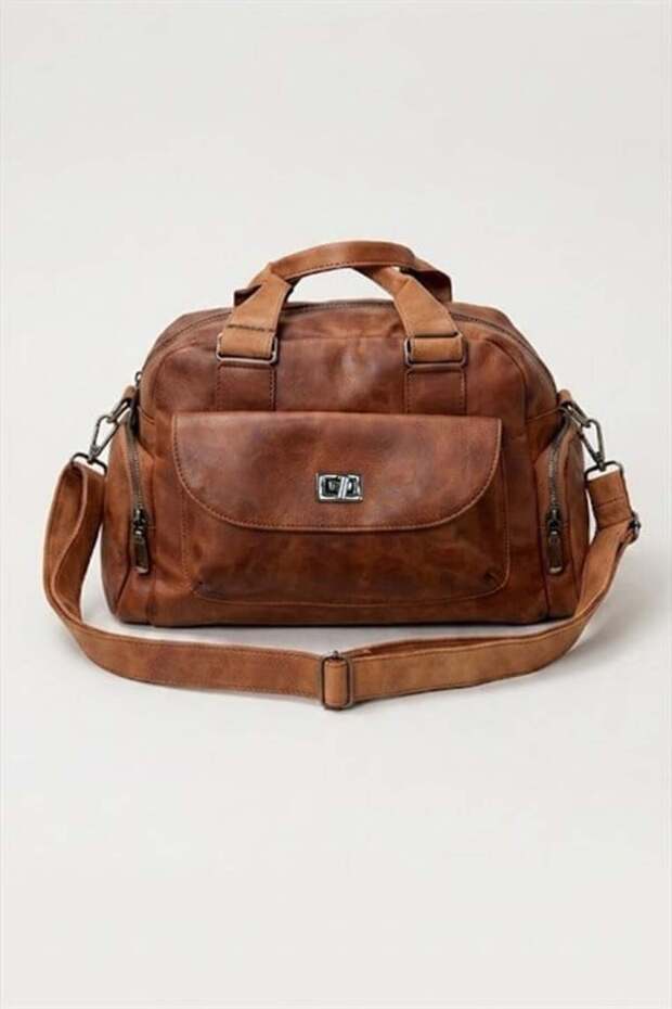 Brown Washed Leather Multi-Compartment Shoulder Bag
