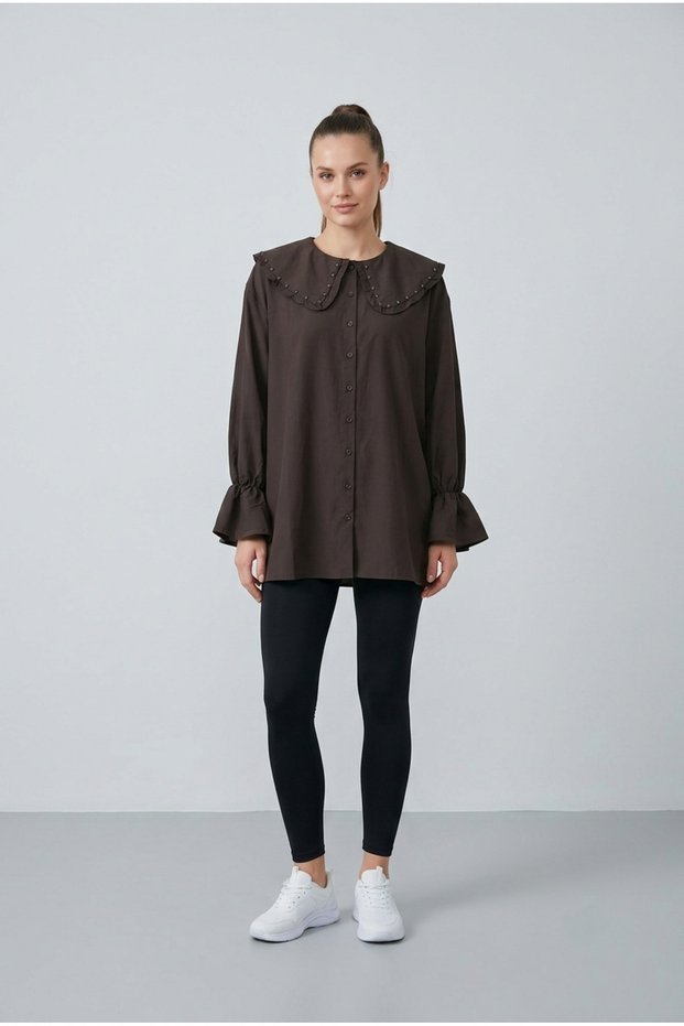 Women's Collar Ruffled Long Sleeve Shirt Brown
