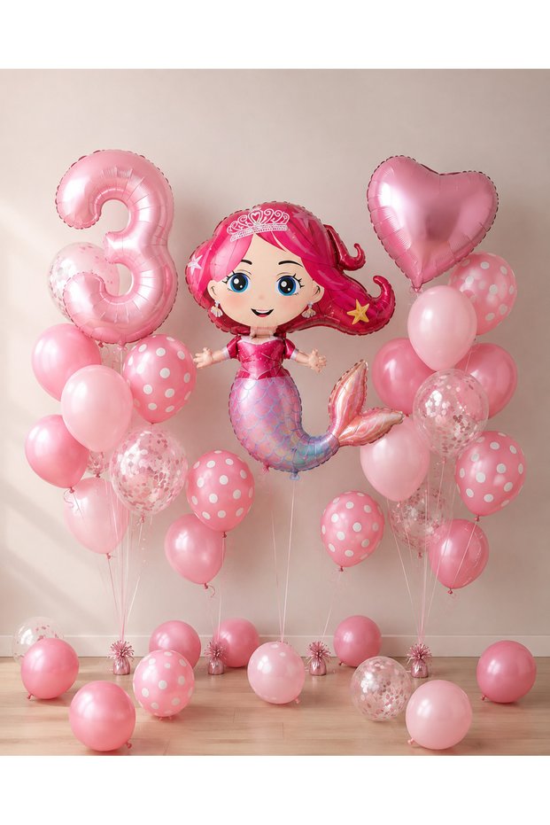Party Mermaid 3 Year Old Birthday Balloon Set | Pink Number Foil, Heart Foil, Speckled Balloon, and Latex Balloon Decoration