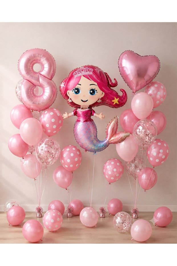 Party Mermaid 8 Year Old Birthday Balloon Set | Pink Number Foil, Heart Foil, Speckled Balloon, and Latex Balloon Decoration