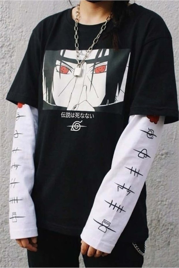 Anime Naruto Uchiha Symbol Detail White Unisex Sleeve T-Shirt