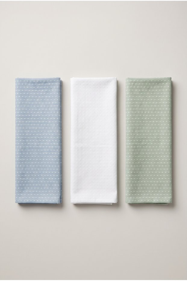 Set of 3 Dotted Patterned Pastel Kitchen Towels 40X66Cm |   100% Cotton Platinum, White, Sage Colored Kitchen Towels