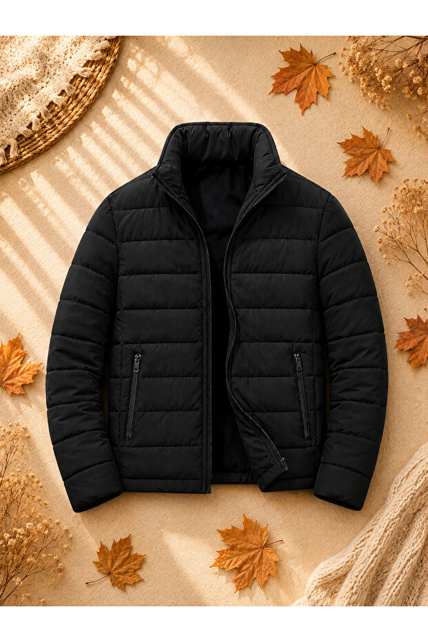 Men's Quilted Inflatable Coat Jacket with Zipper and Double Pockets for Daily Winter Wear